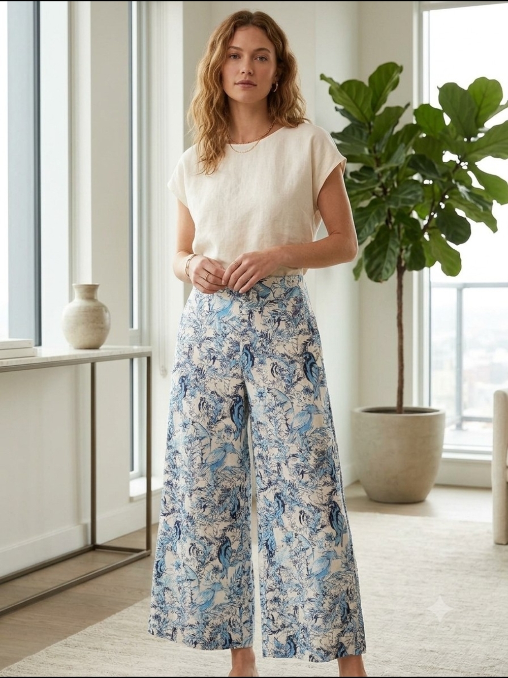 Tahari 100% Linen High-Rise Wide-Leg Floral/Bird Print Pants in Blue Womens M